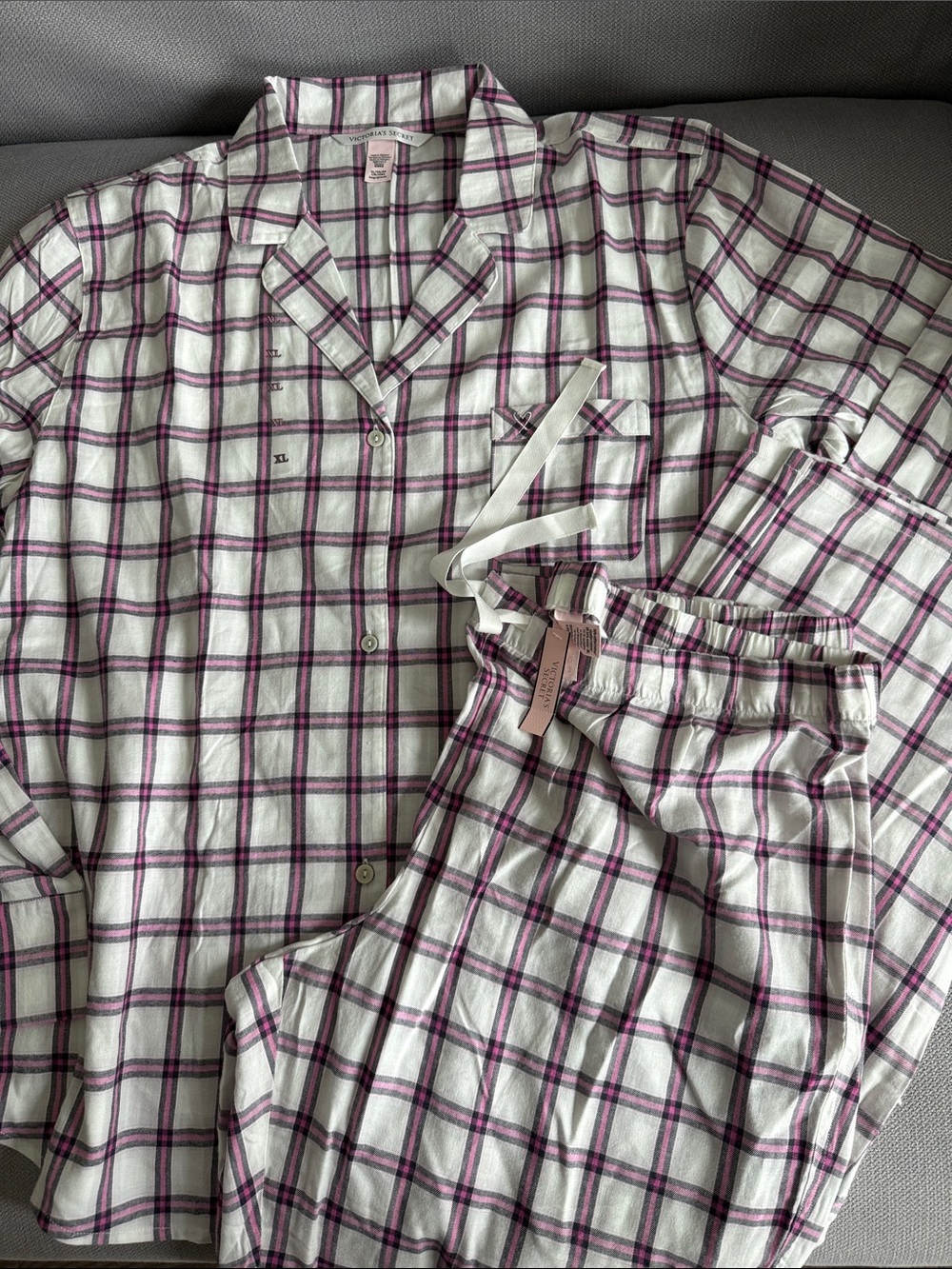 Victoria's Secret White Plaid Pajama Set with Purple Accents